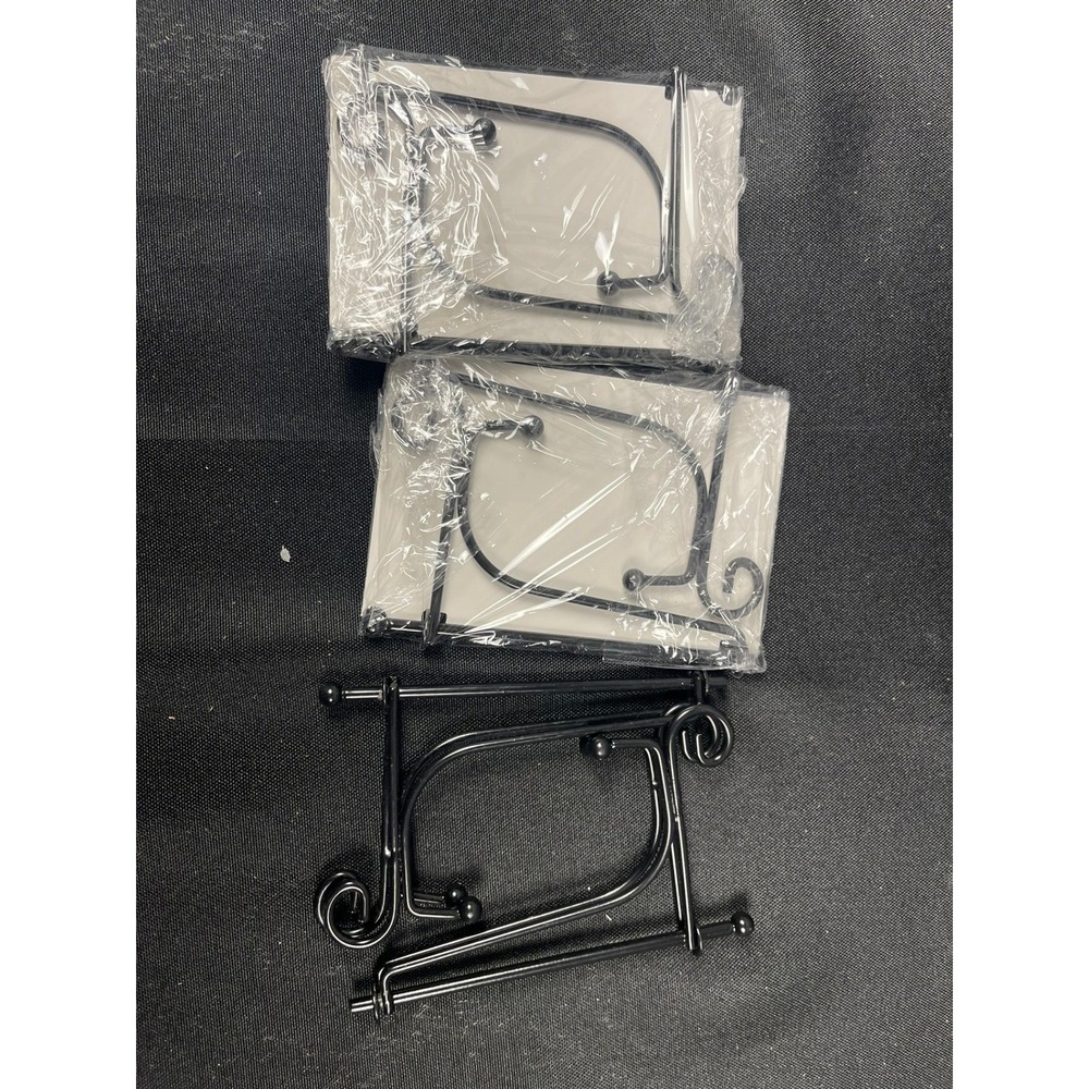 Set of 6 Black Metal Easel Display Stands 4 Inch Plate Holders Scroll Design